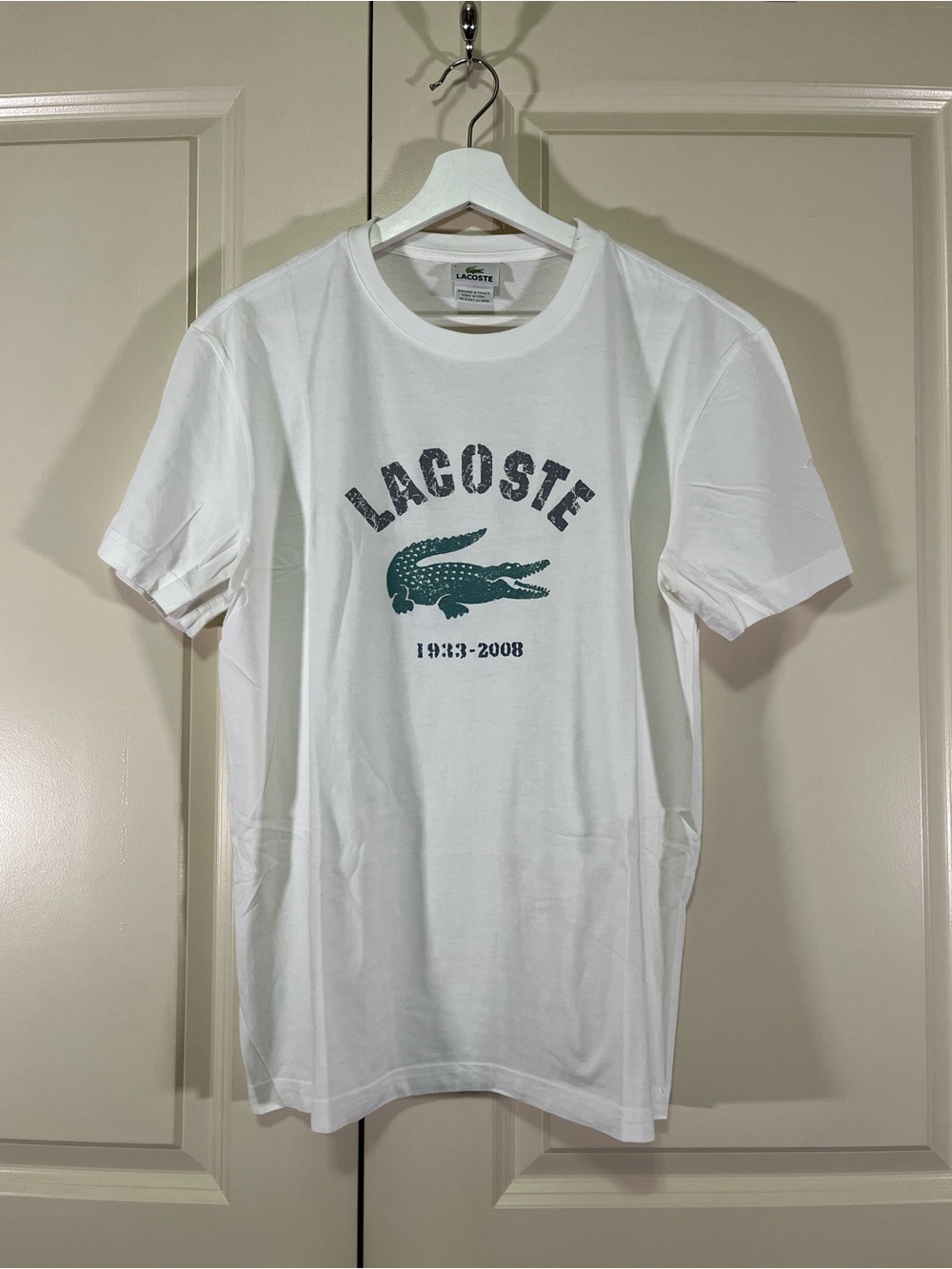 Lacoste White Short Sleeve Tee with Green Crocodile Graphic